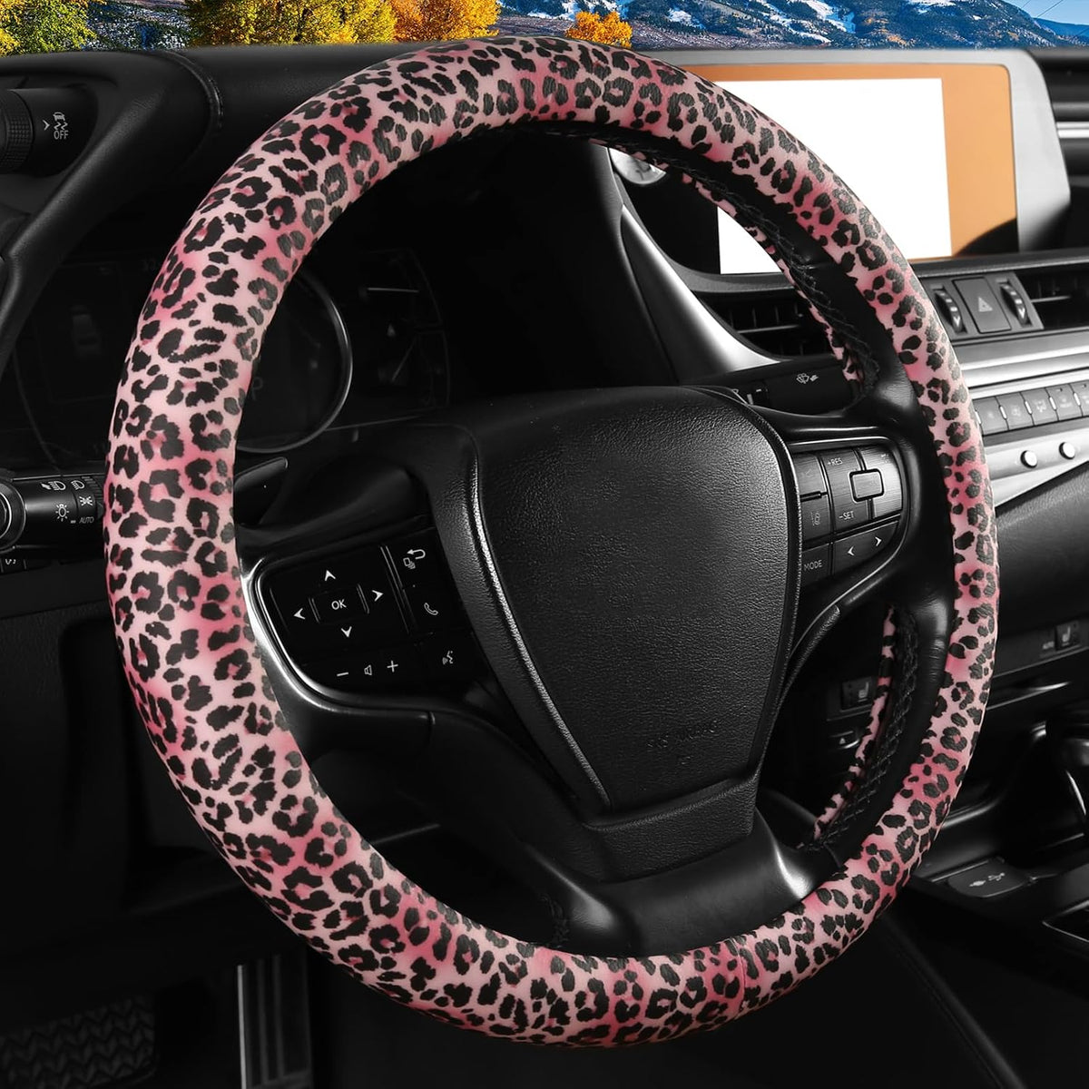 Funda para volante con estampado de Leoaprd rosa con anillo interior de silicona, no tóxica, sin olor, con patrón que no se decolora, universal de 14.5 a 15 pulgadas (estampado de leopardo