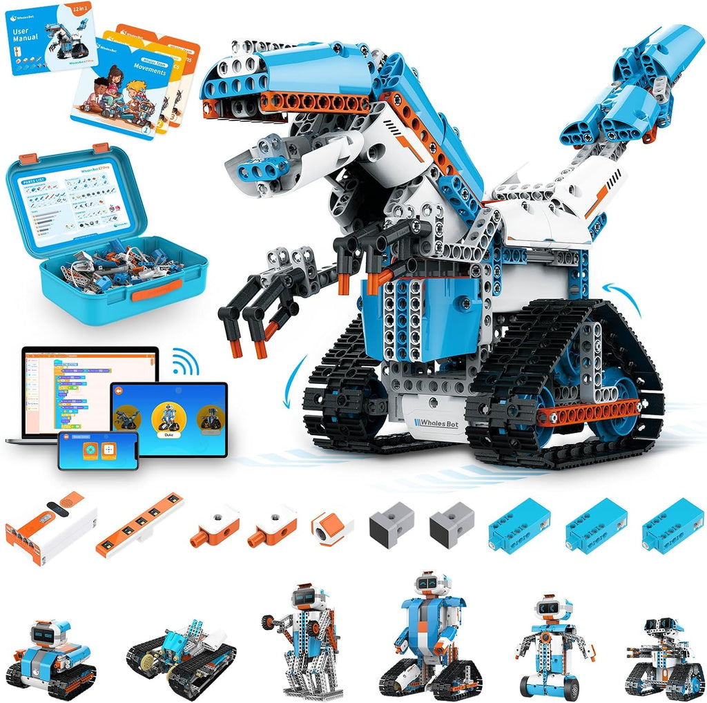 WhalesBot E7 Pro - Kit de robot de codificación y control remoto para niños de 8 años en adelante, programación Scratch y modular, set de juguete educativo de ingeniería científica con controlador