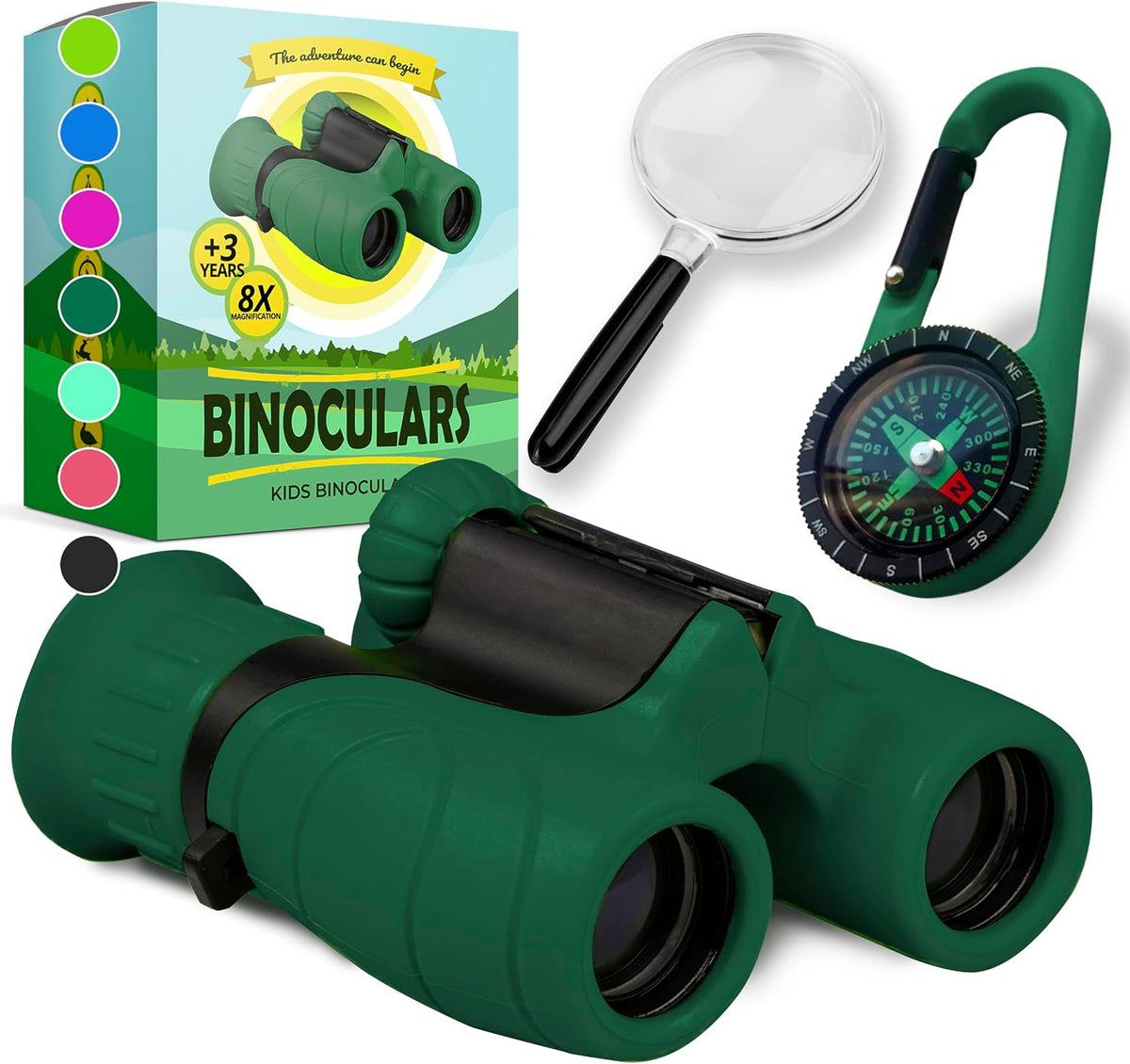 Binoculares para niños – Juguete perfecto para niños pequeños y niñas – Juego extenso que incluye lupa y brújula – Potente aumento 8 x 21 – niños de 3 a 12 años para niños pequeños