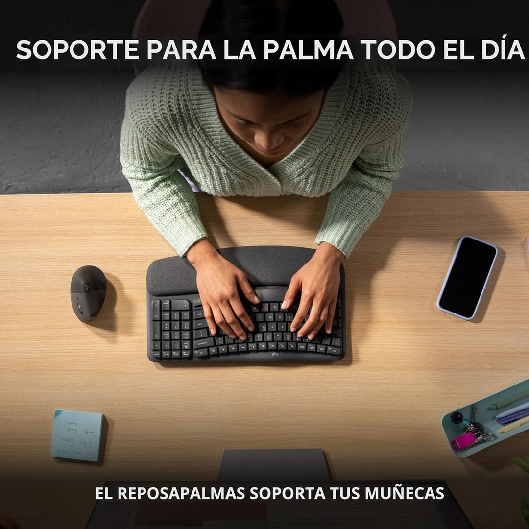 Logitech Wave Keys - Teclado Inalámbrico Ergonómico con Reposamuñec...