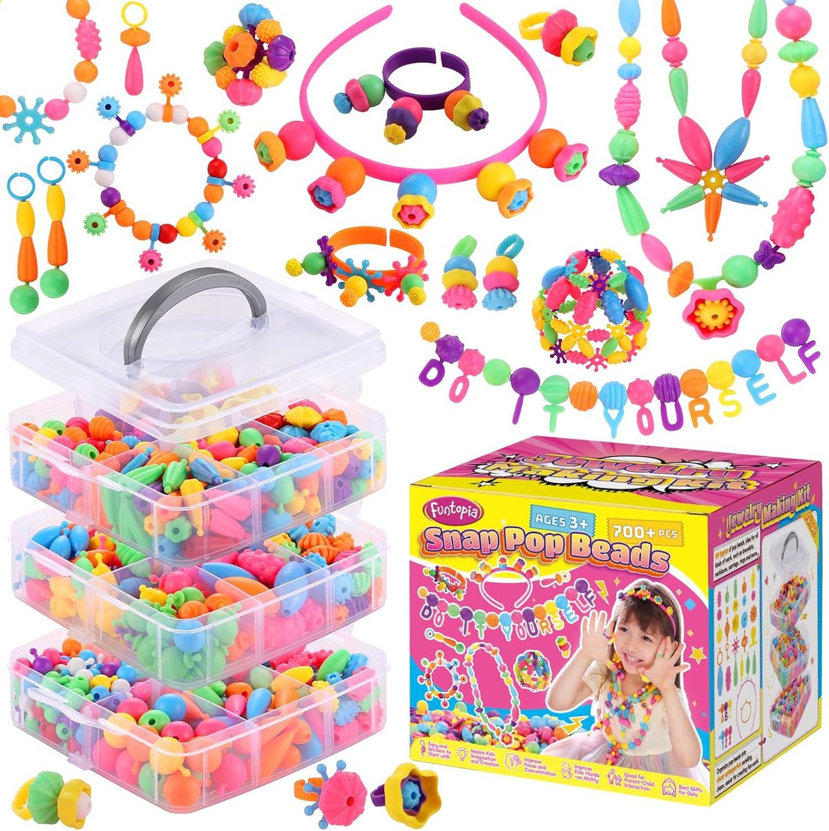 Funtopia Pop Beads, más de 700 piezas de artes y manualidades para niños de 4 a 6 años, cuentas a presión, juego de pulseras, collares, anillos, tobilleras, juguetes creativos para fiestas de