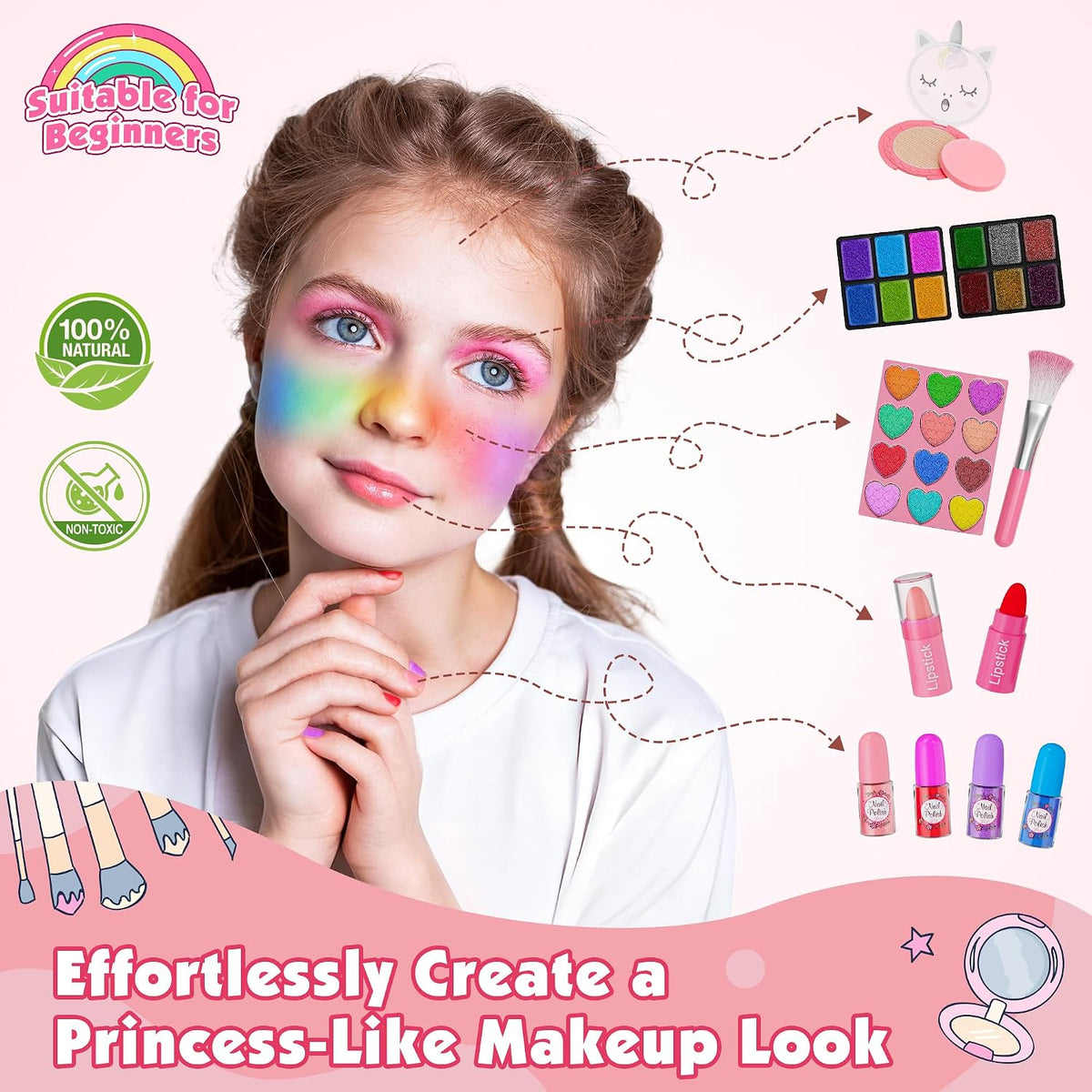 Kit de maquillaje de 59 piezas para niña, estuche de maquillaje lavable
