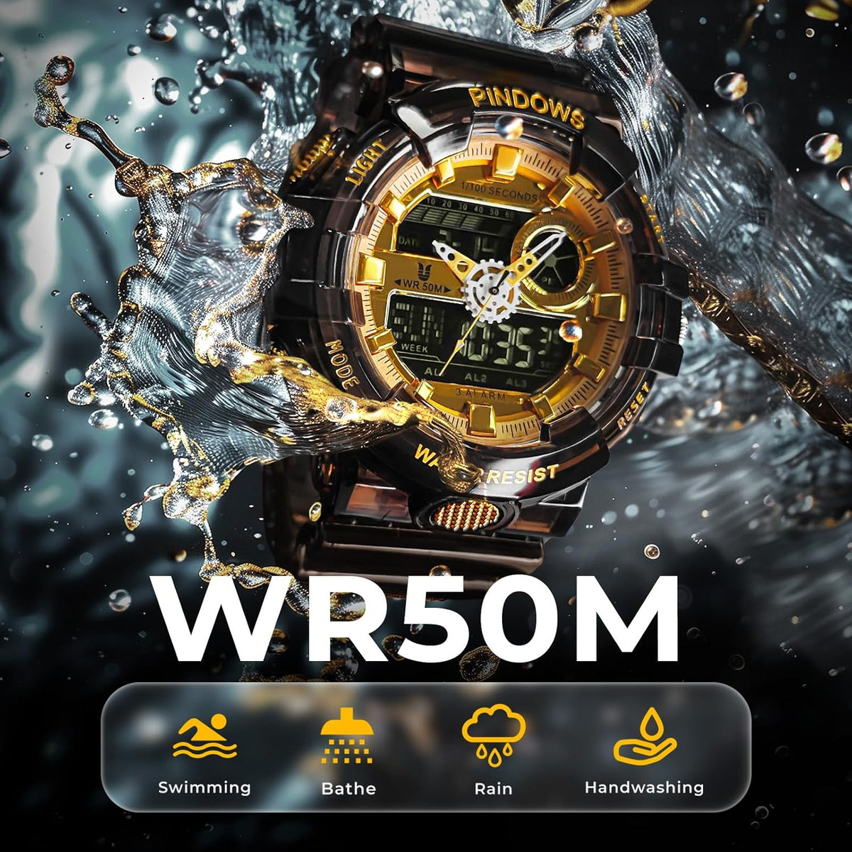 Relojes PINDOWS para hombre, transparente dorado, analógico digital, doble hora, 50M resistente al agua, retroiluminación LED, multifuncional con alarmas, cronómetro, ideal para deportes, actividades