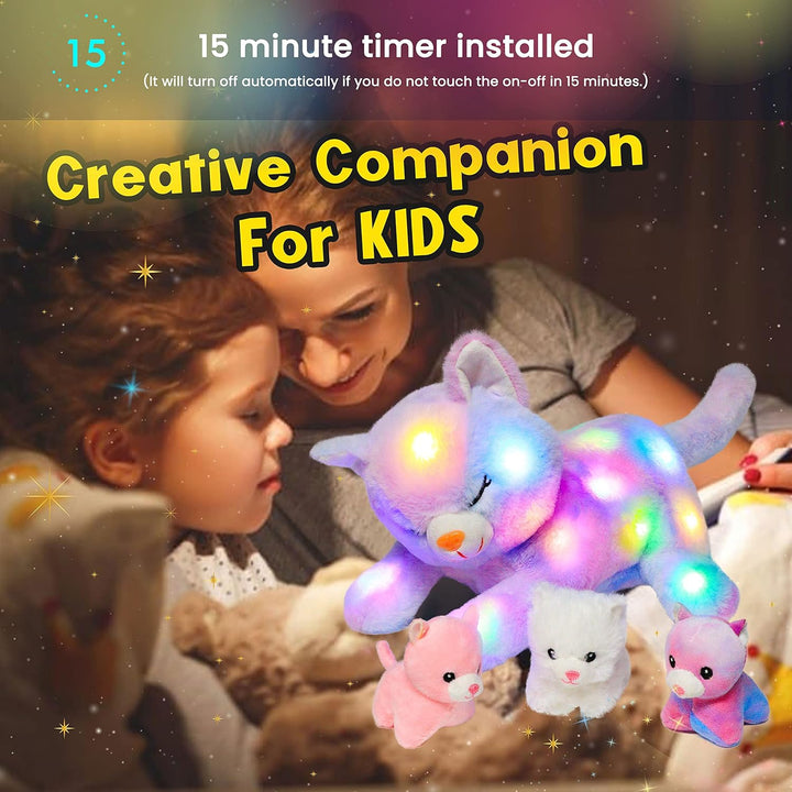 Hopearl Gatito de peluche con luces LED, mamá gato iluminada con 3...