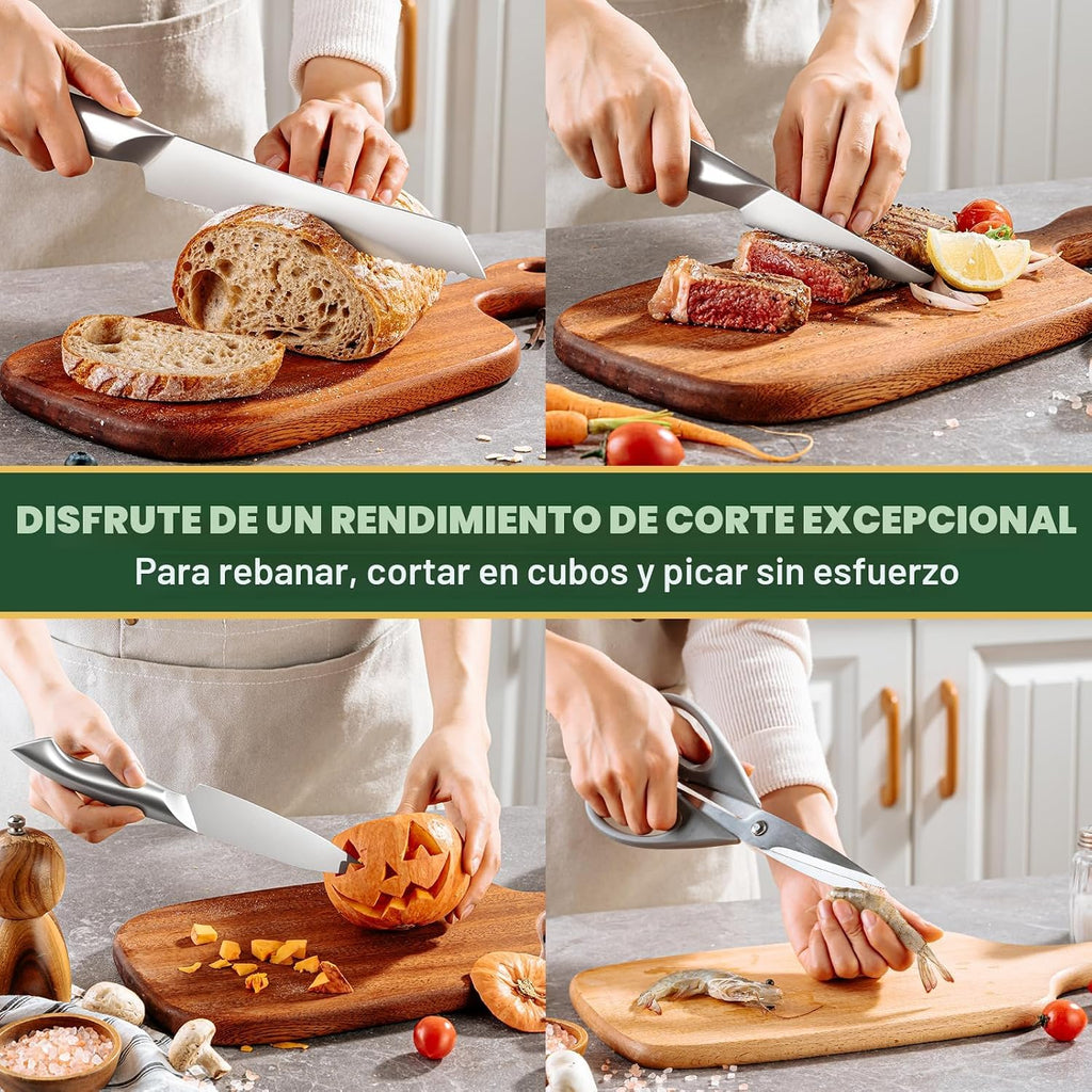 EWFEN - Juego de cuchillos de cocina de 14 piezas con bloque, cuchillos de acero inoxidable alemán con afilador de cuchillos integrado, juego de cuchillos afilados antideslizantes para cocina, apto para lavavajillas, mango curvado