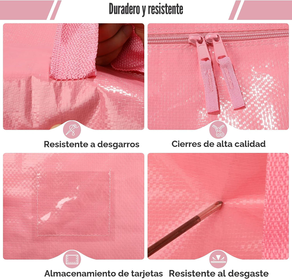 Paquete de 6 bolsas de mudanza con cremallera lateral completamente abierta, extra grandes de 93 L, resistentes al agua, plegables para almacenamiento para dormitorio universitario, mudanza y organización del hogar, color rosa