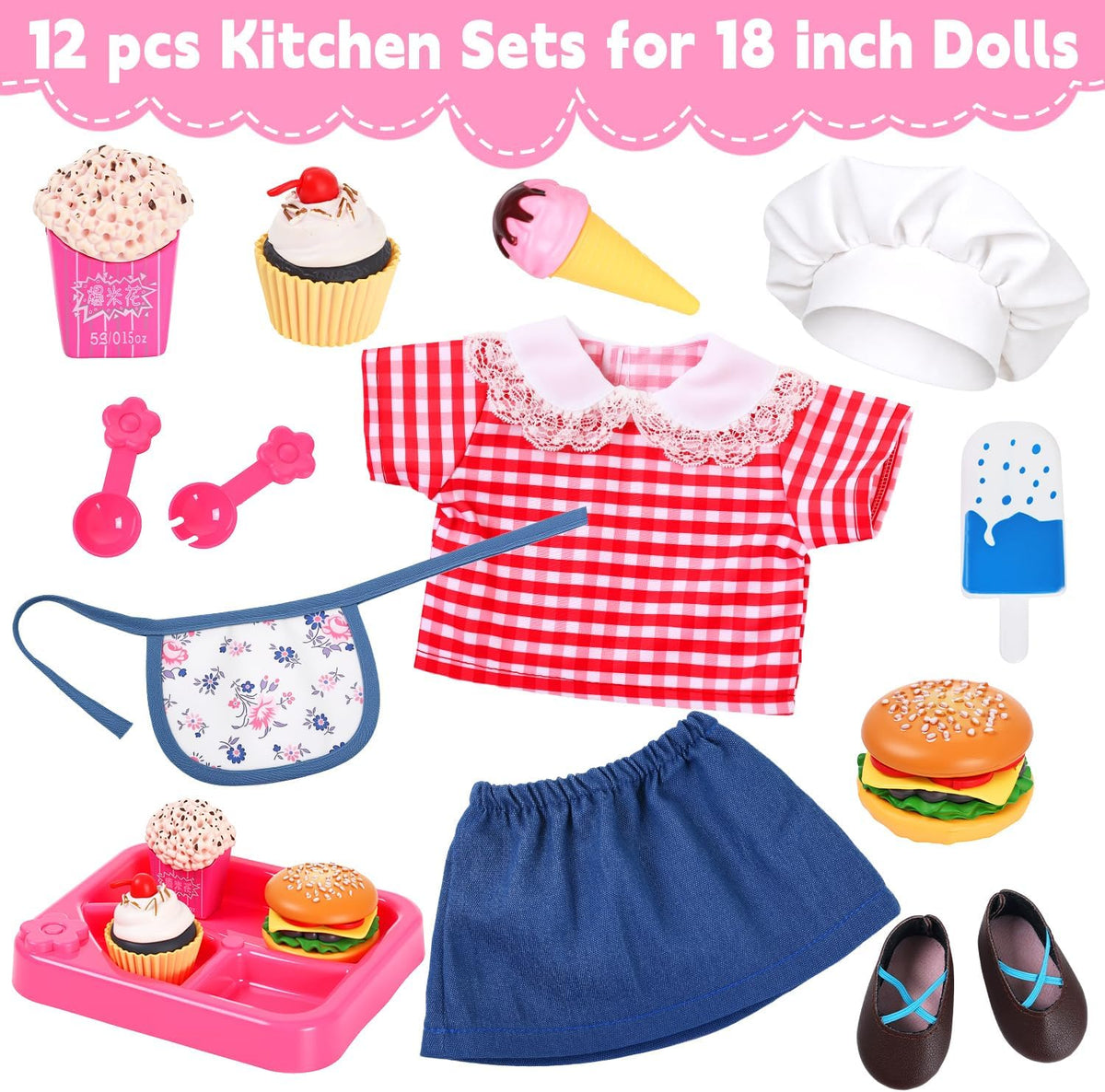 Juego de ropa y accesorios de comida para muñecas de chef