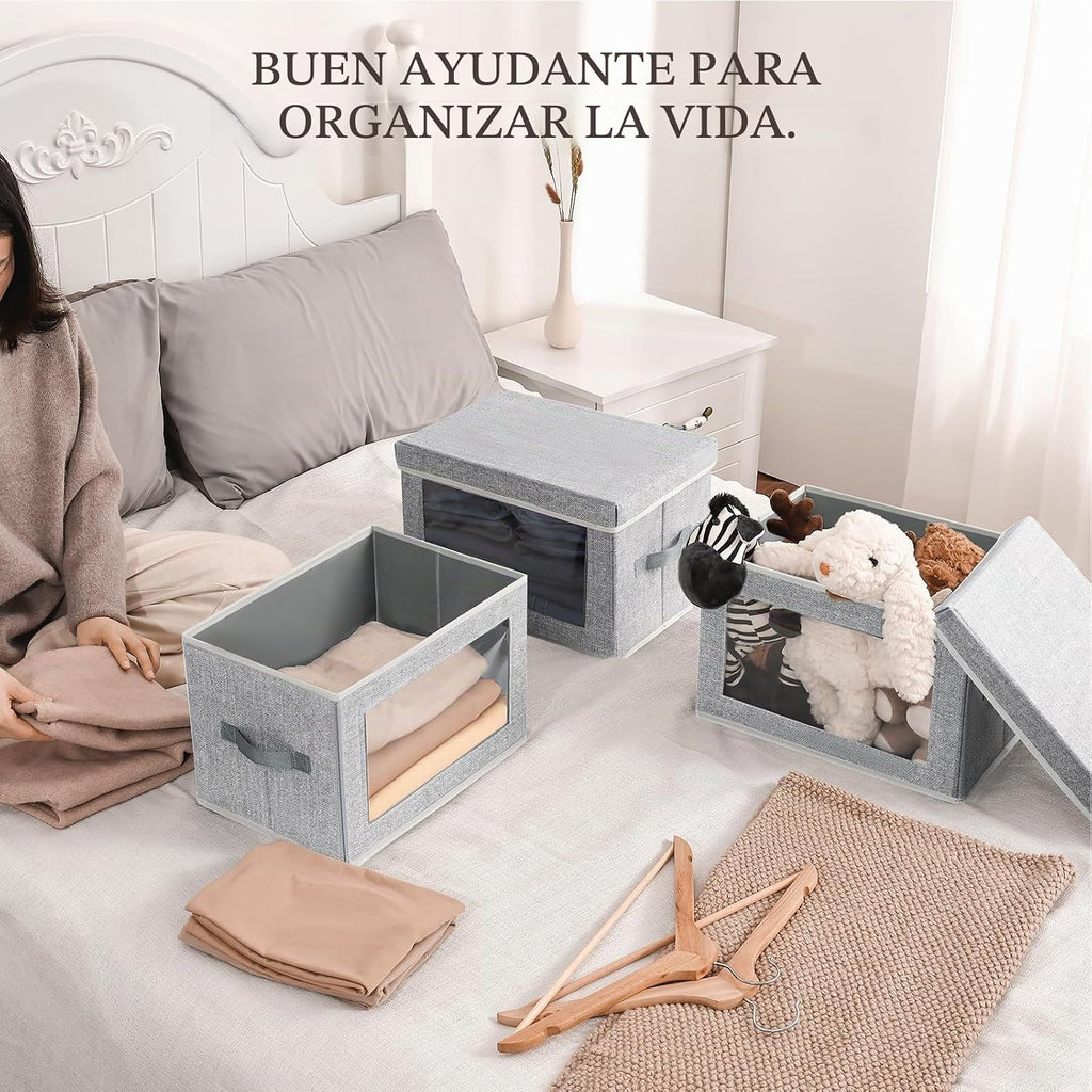 Cajas de Almacenamiento de Tela con Tapas - 3 Paquetes de Cubos de Almacenamiento con Ventana, Cajas de Almacenamiento Plegables para Estantes, Cajas de Almacenamiento para Armario para