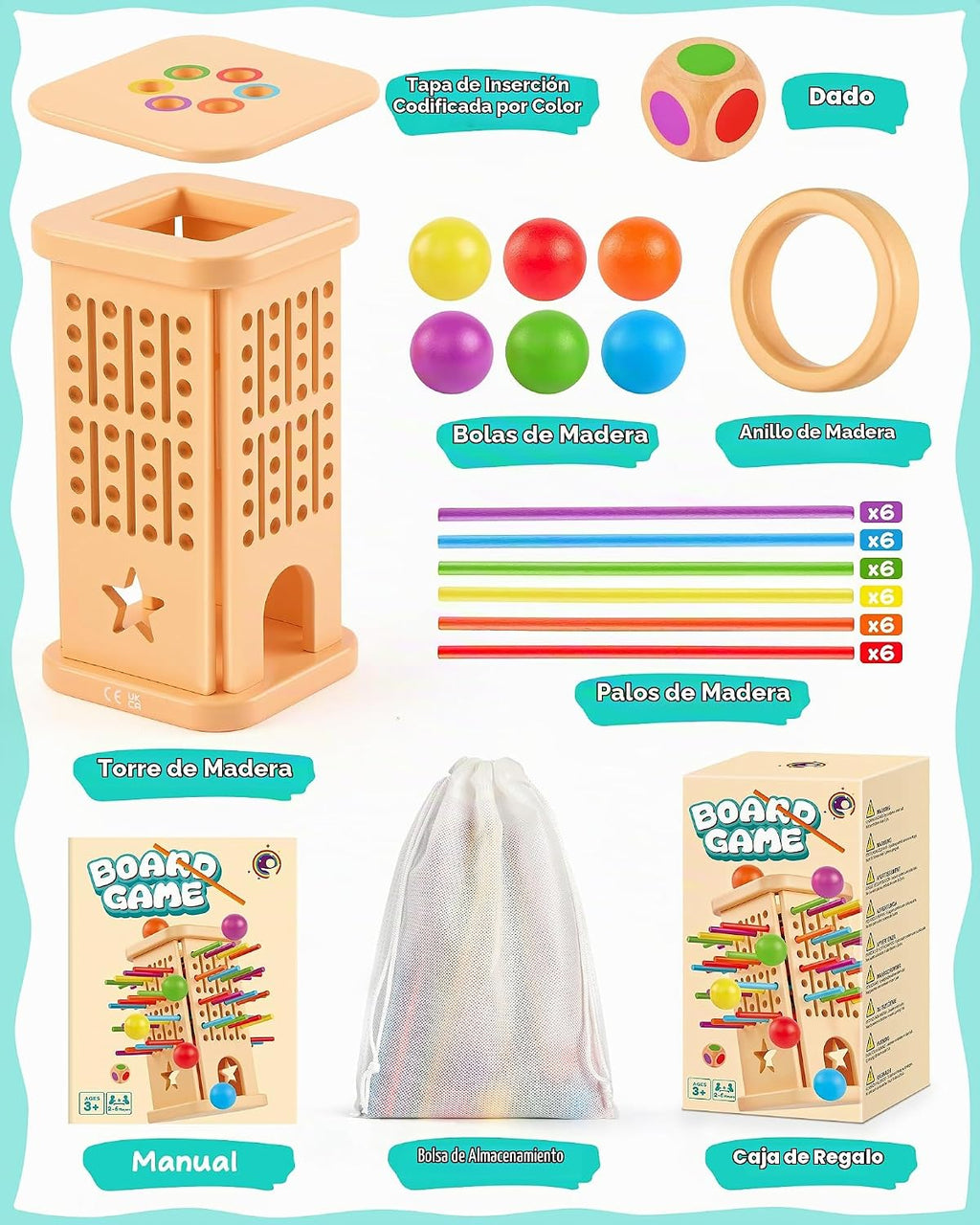 Montessori - Juego de mesa para niños de 4 a 6 años, juegos de bolas de