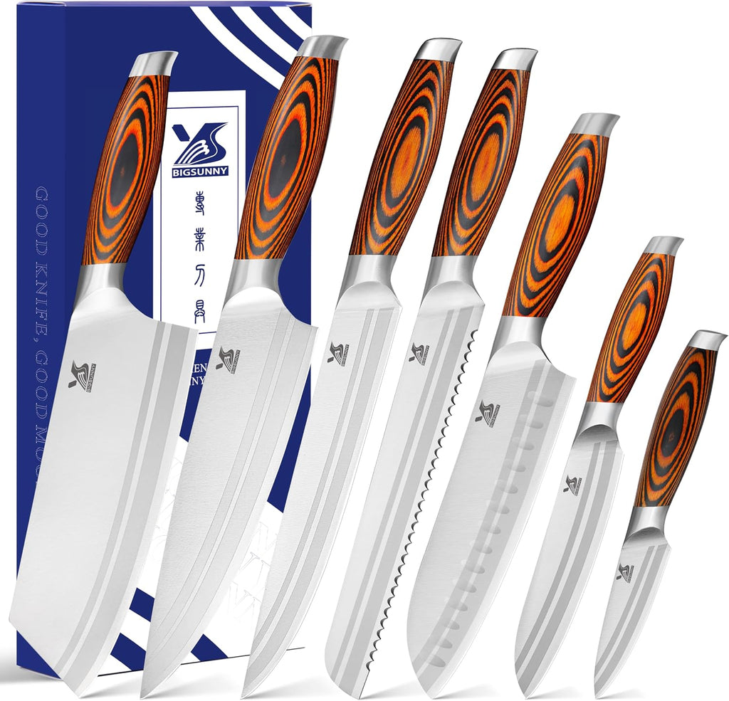 Juego de cuchillos de cocina de 7 piezas, acero inoxidable alemán para cuchillos de chef con mango de madera de Pakkawood, juego de cubiertos perfecto para regalo