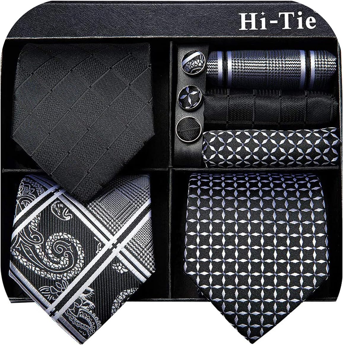 Hi-Tie - Juego de 3 piezas para hombre, incluye corbata, pañuelo de bolsillo, gemelos y pin de solapa, colección de corbata de seda