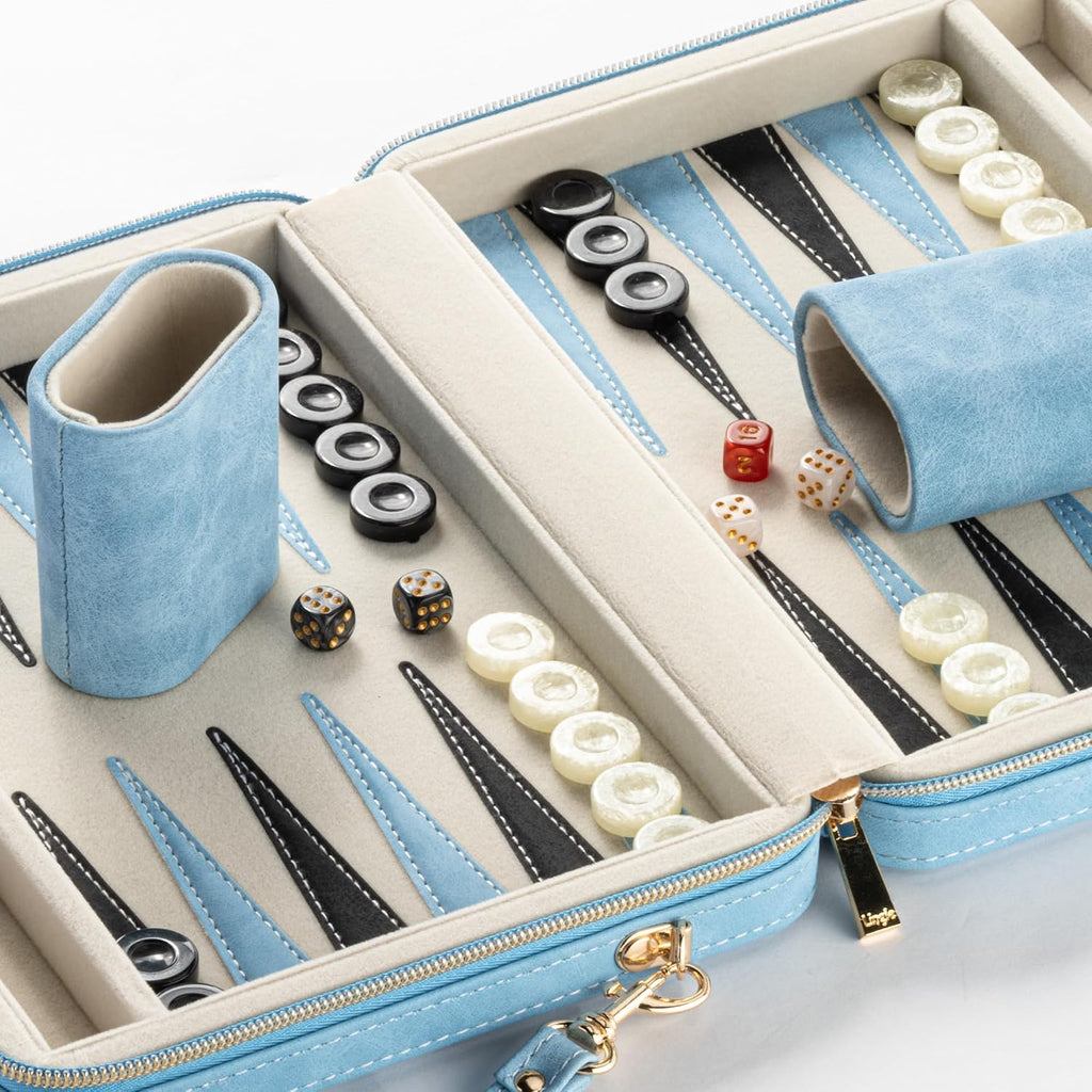 Juegos de backgammon para adultos y niños, tablero clásico de backgammon con dados de damas únicos, funda plegable de piel sintética de backgammon para backgammon (color azul)