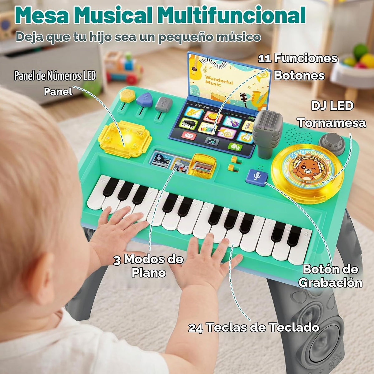 Mesa de DJ para bebés para niños pequeños, juguetes de piano
