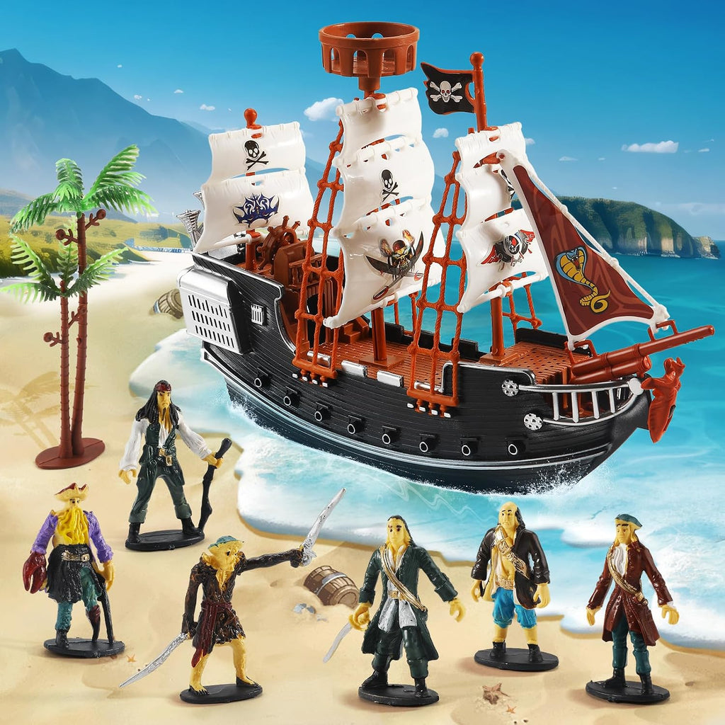 Figuras de acción pirata, juego de barco pirata, juguetes de simulación de barco pirata con 6 figuras de acción y árbol, juguete de juego para niños, juguetes educativos de aprendizaje con figuras