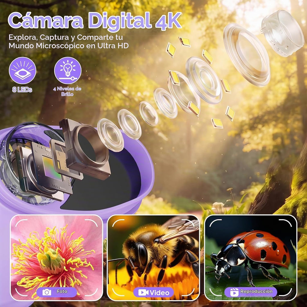 Microscopio digital de mano 4K 1000X para niños con pantalla IPS de 2.0