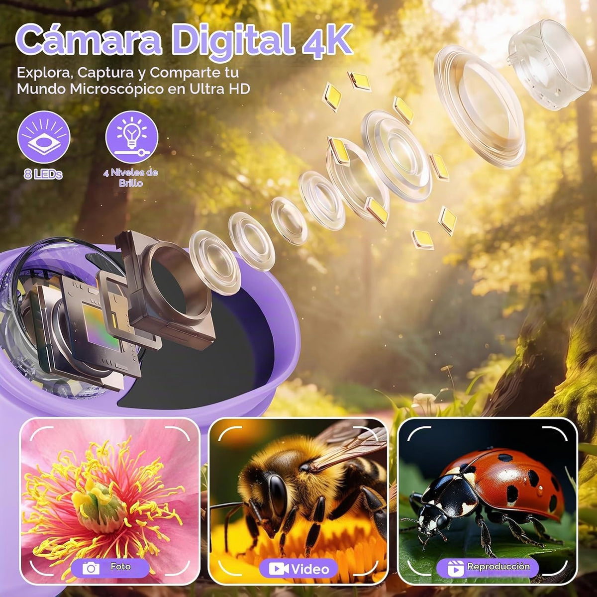 Microscopio digital de mano 4K 1000X para niños con pantalla IPS de 2.0