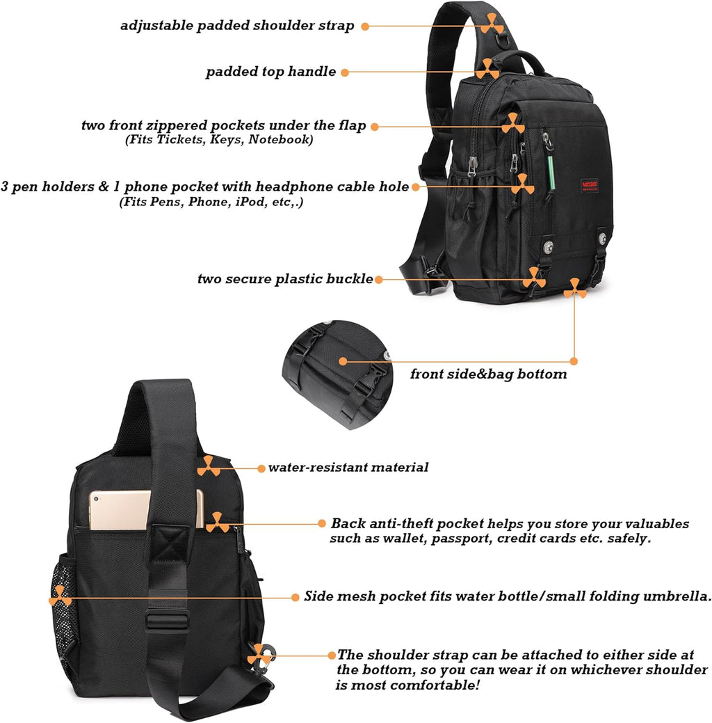 NICGID Bandoleras de hombro en el pecho, mochila para laptop, bolsa de mensajero cruzada para viajes al aire libre, hombres y mujeres