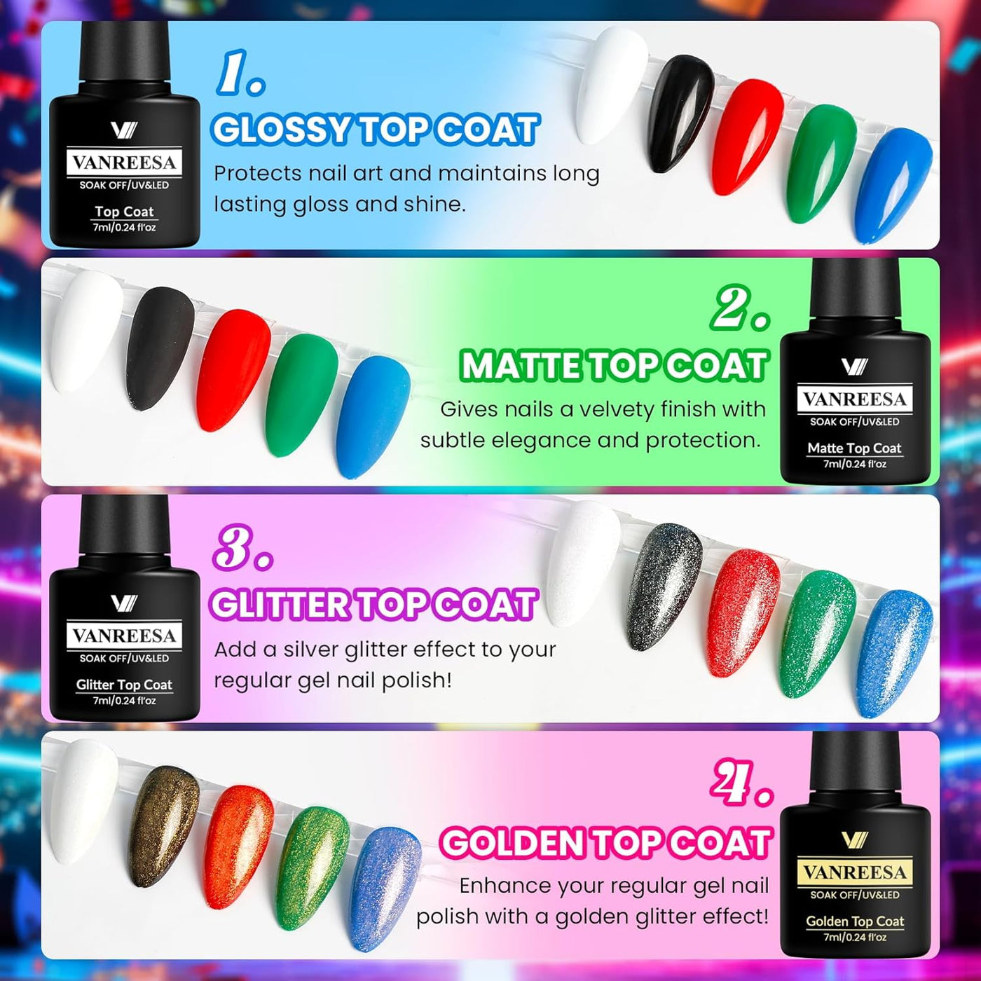 VANREESA Juego de 24 esmaltes de uñas de gel de neón, colores brill...