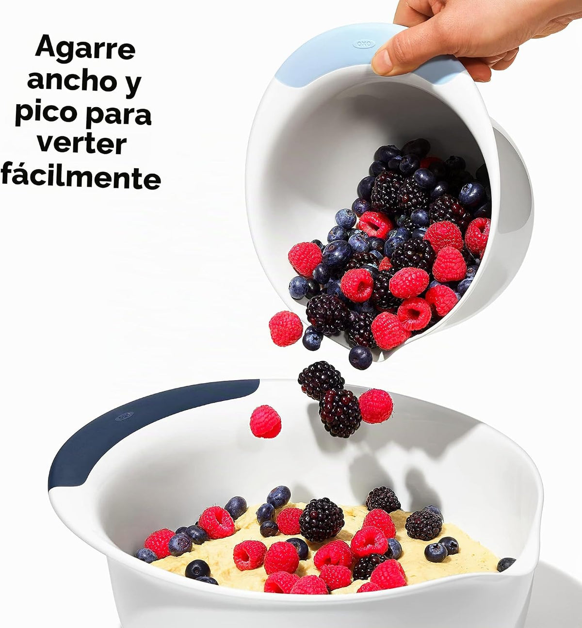 OXO, juego de 3 cuencos para mezclar de plástico Good Grips – Asas de Blueberry, Jam & Seltzer, 4.7 LITROS, Grande