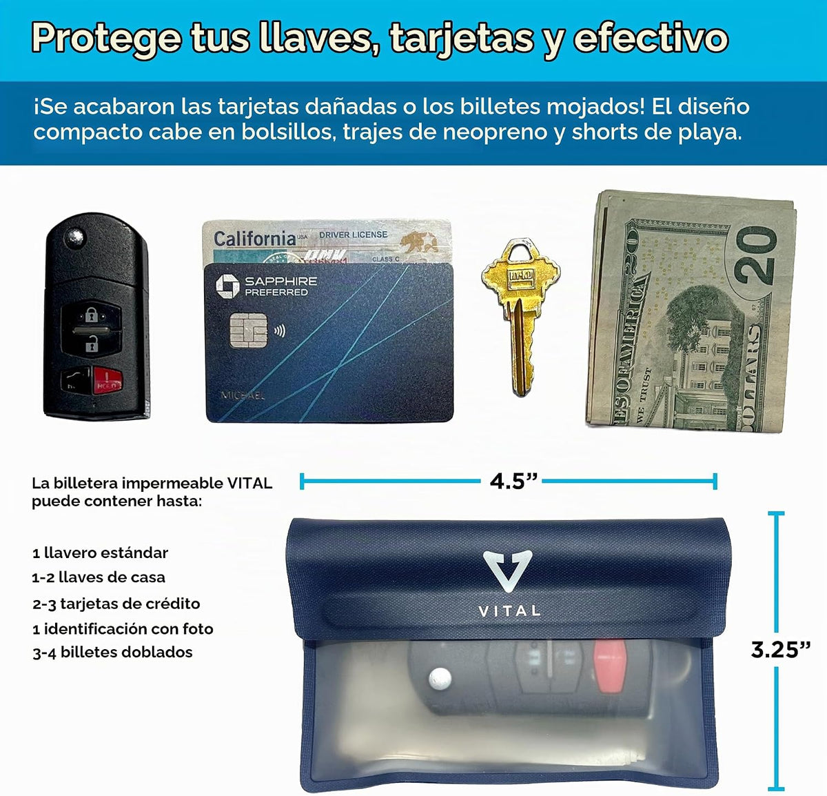 VITAL Cartera impermeable para nadar – Pequeña bolsa impermeable para llaves – Sumergible, flotante, a prueba de lluvia y agua, para surfear, llavero de coche, bolsa seca con correa para muñeca y tobillo