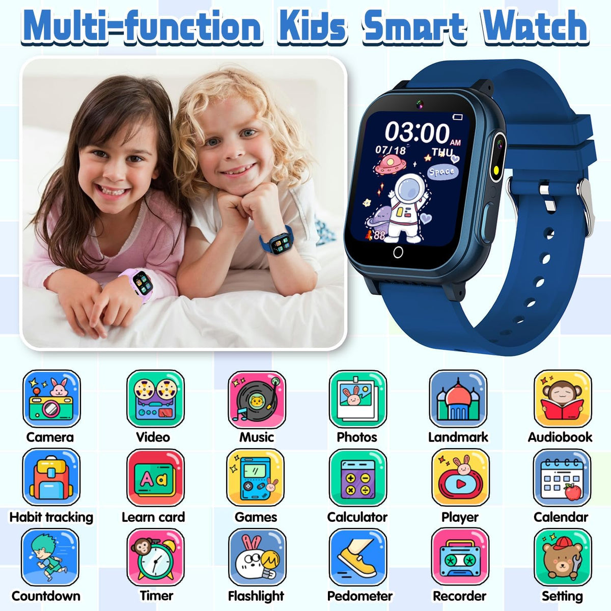 Reloj inteligente para niños de 3 a 12 años, resistente al agua IP67, 32 juegos de rompecabezas, pantalla táctil HD, cámara doble, podómetro, reproductor de música, reloj para niños, regalo de cumpleaños para niños de 5, 6, 7, 8, 9, 10 (azul)