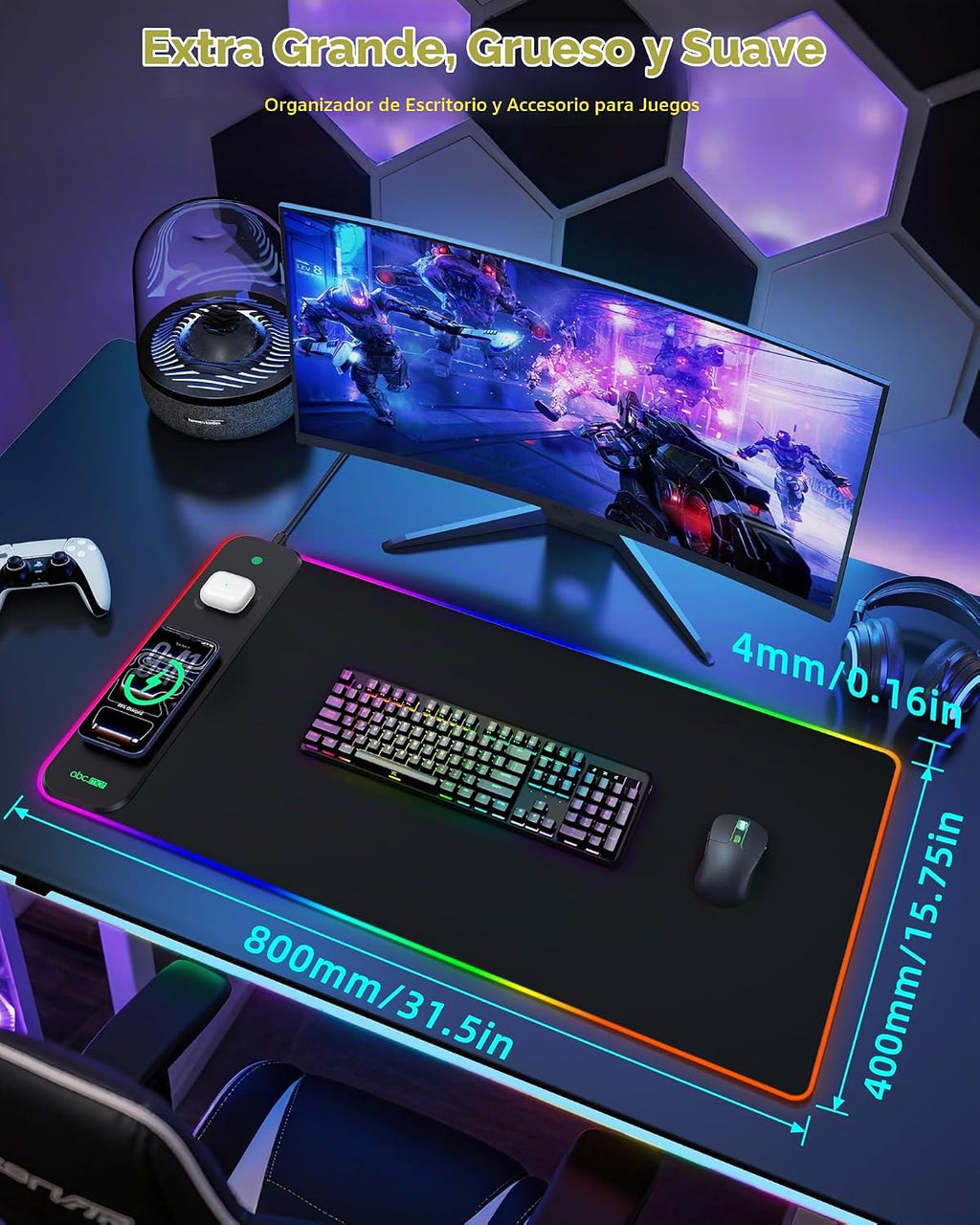 Alfombrilla de mouse magnética de carga inalámbrica para juegos, 31.5 x