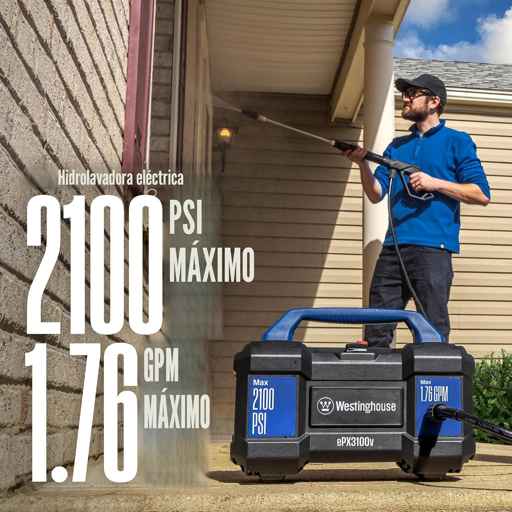 Westinghouse ePX3100v - Lavadora a presión eléctrica, 2100 PSI máximo, 1.76 GPM máximo, asa de transporte incorporada, cañón de espuma desmontable, varita de acero profesional, juego de 3 boquillas