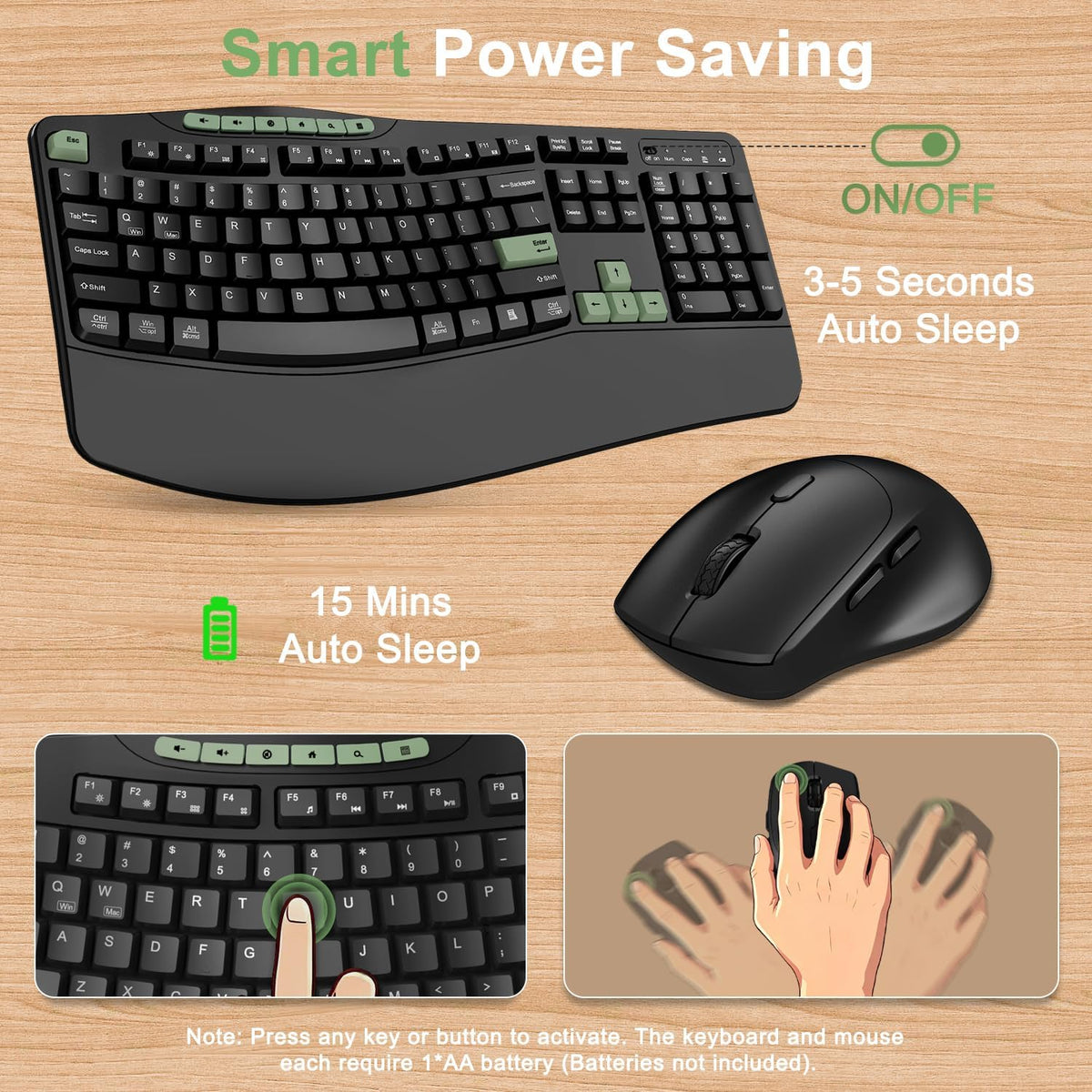 Combo de teclado y mouse inalámbricos, teclado ergonómico con 6 tec...
