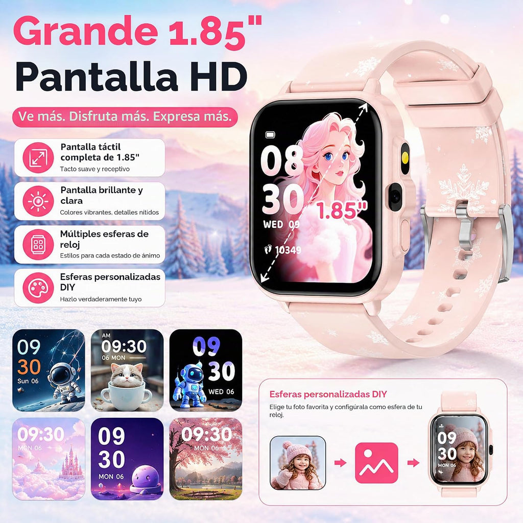 Reloj inteligente para niños de 5 a 12 años, juegos de funciones Ai con pantalla táctil HD, con cámara de video, reproductor de música, podómetro, ritmo cardíaco, rastreador de sueño, regalos de Navidad y cumpleaños para niñas (rosa, 1.85 pulgadas)