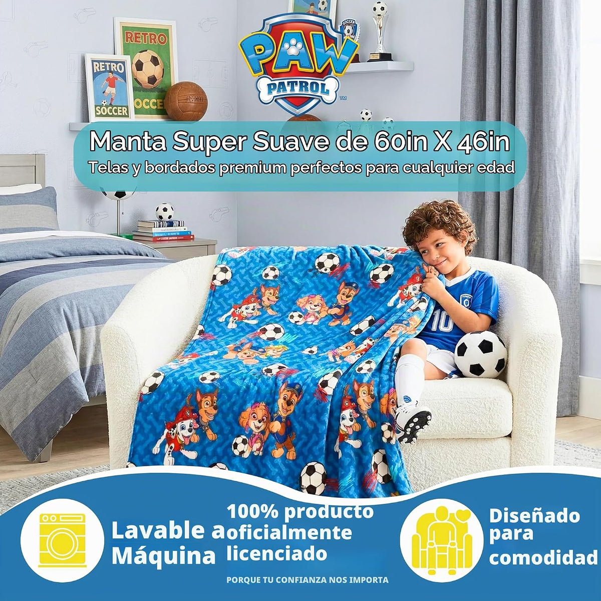 Paw Patrol - Manta deportiva de fútbol para niños, 46 x 60 pulgadas, manta de felpa suave para sofá, cama o eventos deportivos, torneo mundial 2026 (producto con licencia oficial) por Franco