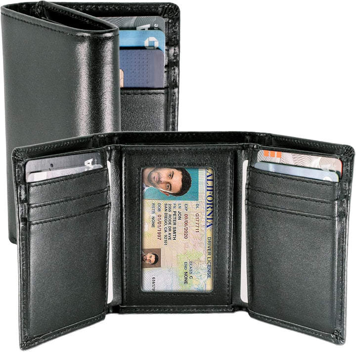 STAY FINE Billetera triple de cuero de grano superior para hombre,...
