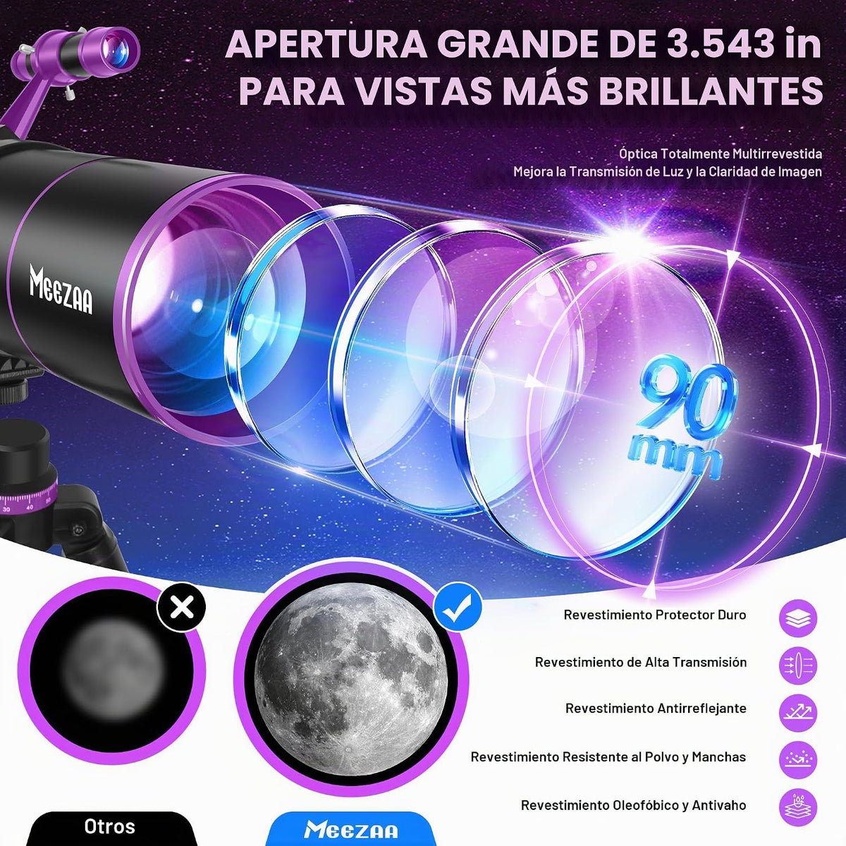 Telescopio para adultos de alta potencia, apertura de 3.543 in, 21.654 in, telescopios refractores portátiles para niños y principiantes en astronomía, observación de estrellas con trípode