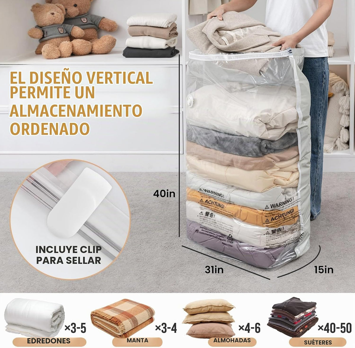 TAILI Paquete de 4 bolsas de almacenamiento al vacío, cubo jumbo (31 x 40 x
