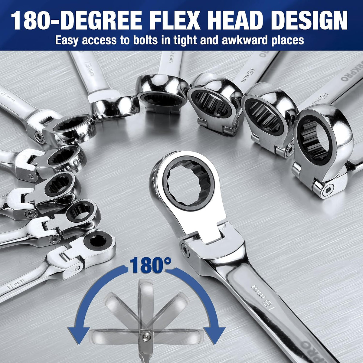 WORKPRO - Juego de 22 llaves de trinquete con cabeza flexible, juegos de llaves combinadas con caja organizadora, 72 dientes, métrica 6-18mm y SAE 1/4-3/4"