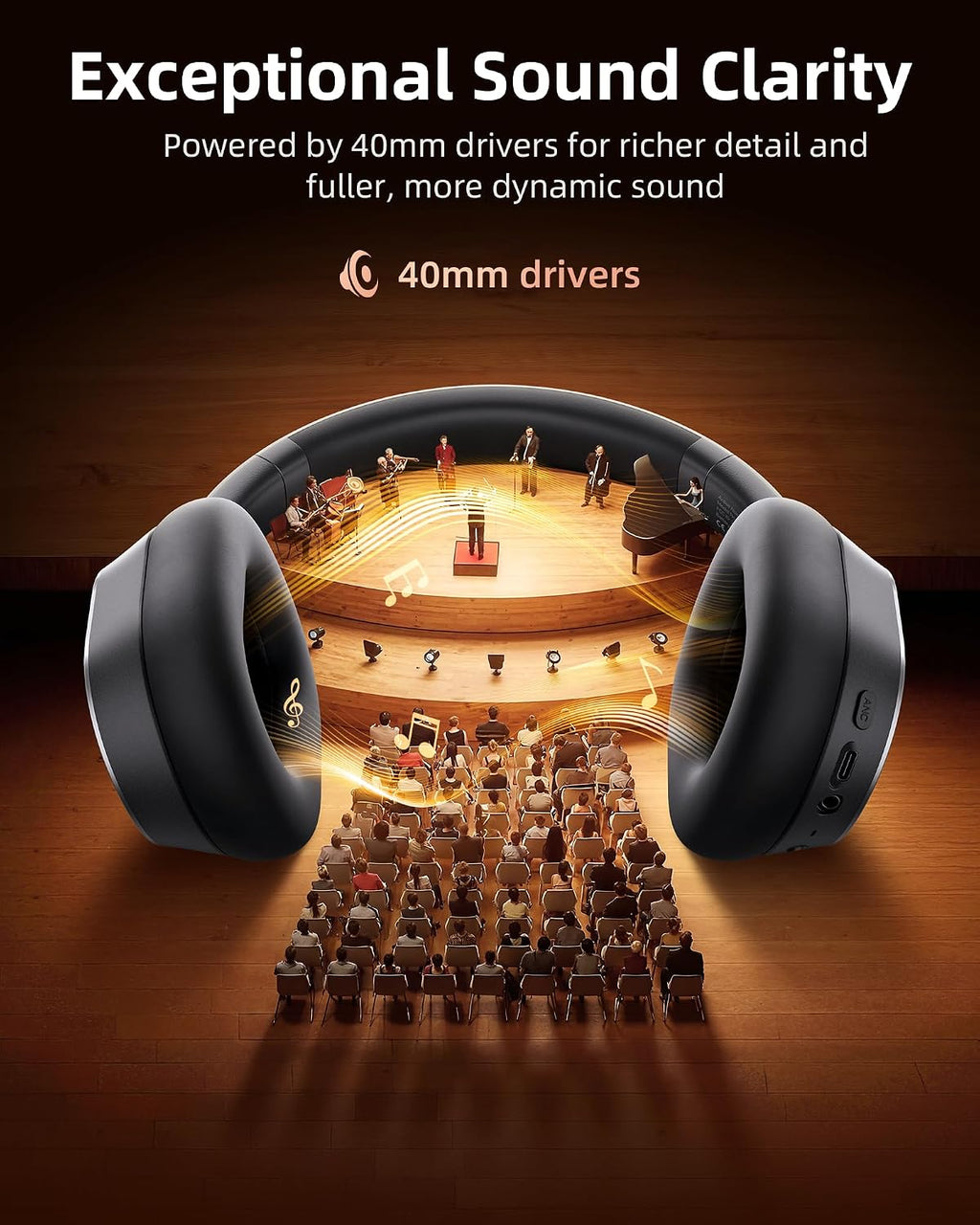 Auriculares con cancelación activa de ruido, 120 horas de reproducción, Bluetooth 6.0, auriculares inalámbricos con pantalla de alimentación y llamadas ENC de 6 micrófonos, audio espacial de 360°