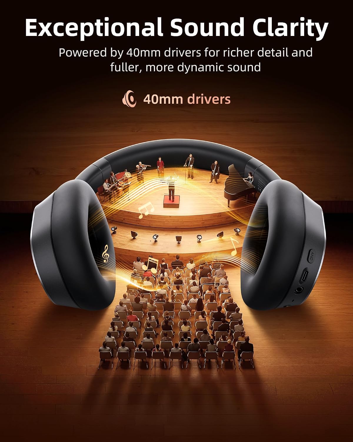 Auriculares con cancelación activa de ruido, 120 horas de reproducción, Bluetooth 6.0, auriculares inalámbricos con pantalla de alimentación y llamadas ENC de 6 micrófonos, audio espacial de 360°