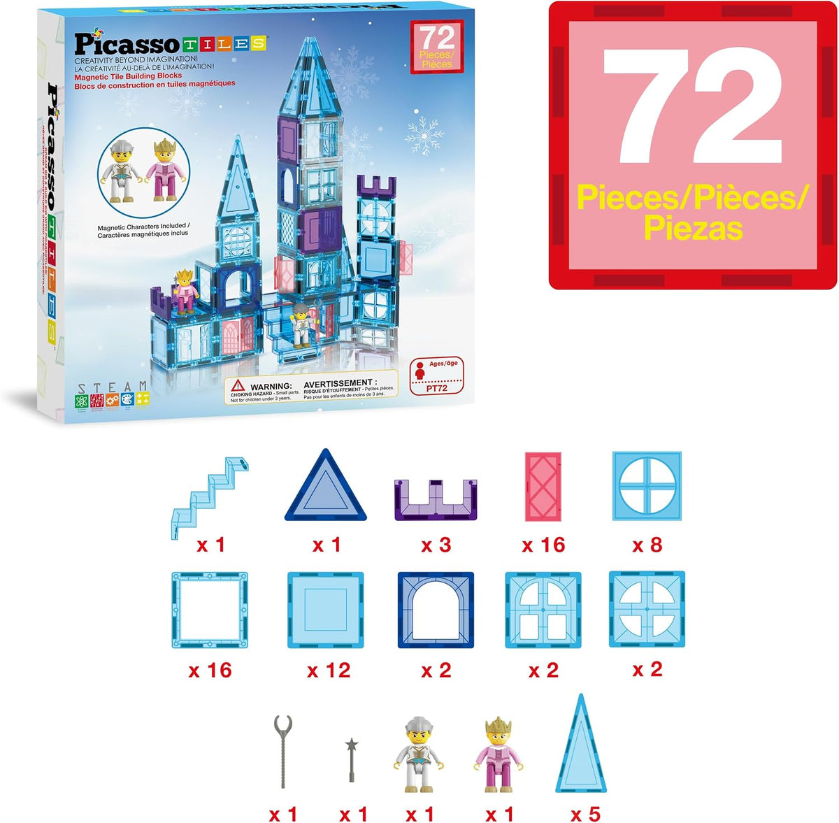 PicassoTiles - Juego de 72 azulejos magnéticos de castillo, juguete de invierno con temática de hielo