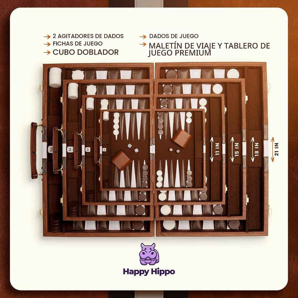 Juego de mesa de backgammon, estuche tipo cuero de lujo, interior de fieltro, marrón, juego clásico de backgammon, juego de mesa popular, juegos de mesa (mediano (15"))