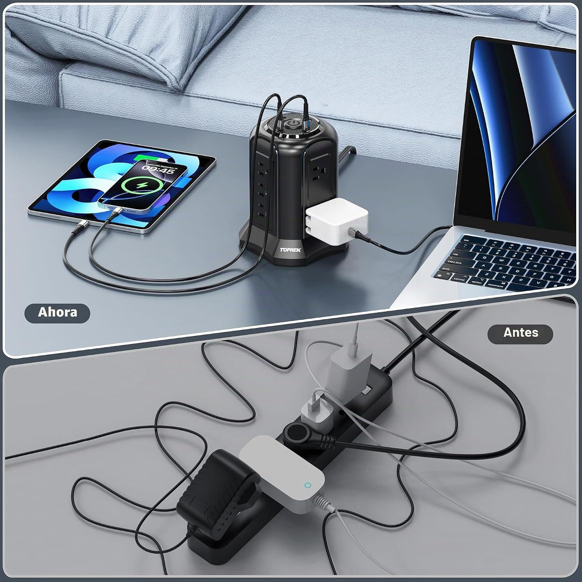Regleta protectora contra sobretensiones de torre 2100J - 10 tomacorrientes, 2 USB-C (20 W PD), 2 USB-A, cable de extensión de enchufe plano de 6.5 pies para oficina en casa, dormitorio, escritorio