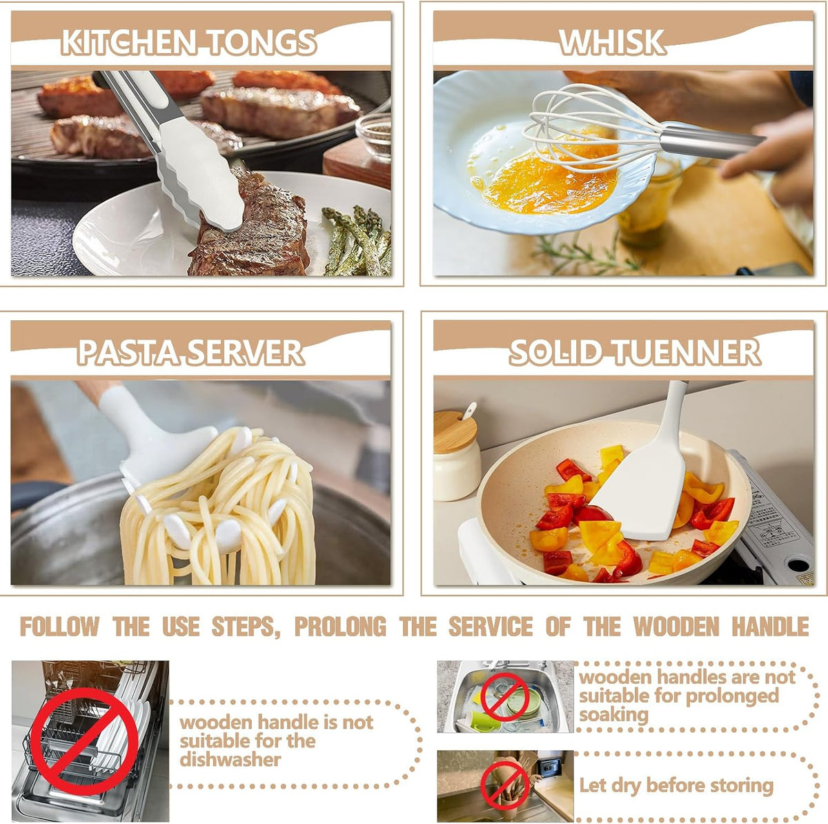 Umite Chef - Juego de utensilios de cocina de silicona, 34 piezas de utensilios de cocina resistentes al calor y herramientas con rallador, mangos de madera color crema blanca para utensilios de