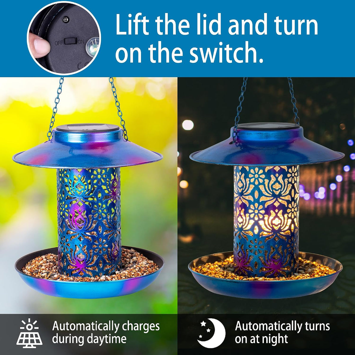 Comedero solar para pájaros para colgar al aire libre, farol de jardín de cardenales salvajes de metal con gancho en S, comedero para pájaros resistente a la intemperie y al agua como idea de