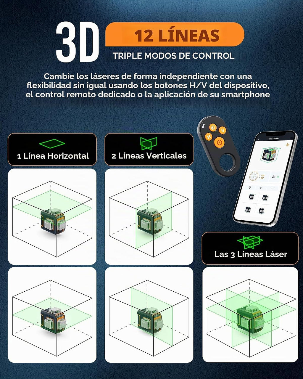 CIGMAN Nivel láser de control de gestos con pantalla lateral, 3 líneas autonivelantes verdes de 360°, línea de gestos manos libres y control de brillo, modo estroboscópico, 2 baterías de iones de