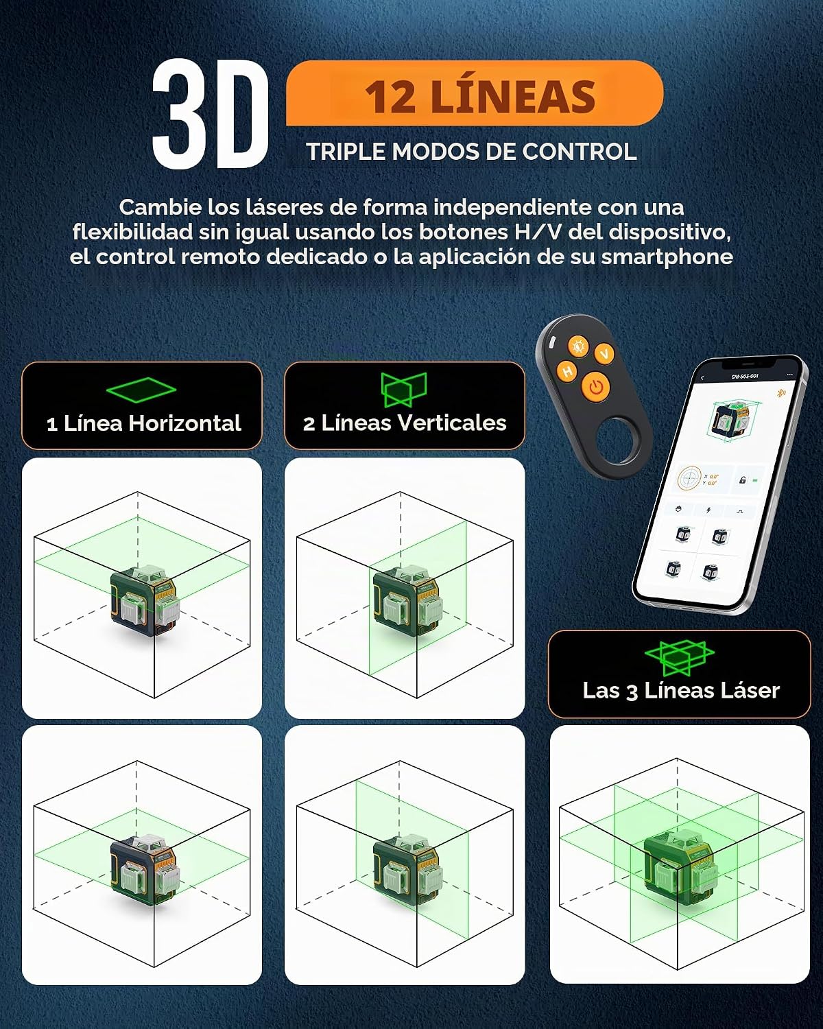 CIGMAN Nivel láser de control de gestos con pantalla lateral, 3 líneas autonivelantes verdes de 360°, línea de gestos manos libres y control de brillo, modo estroboscópico, 2 baterías de iones de