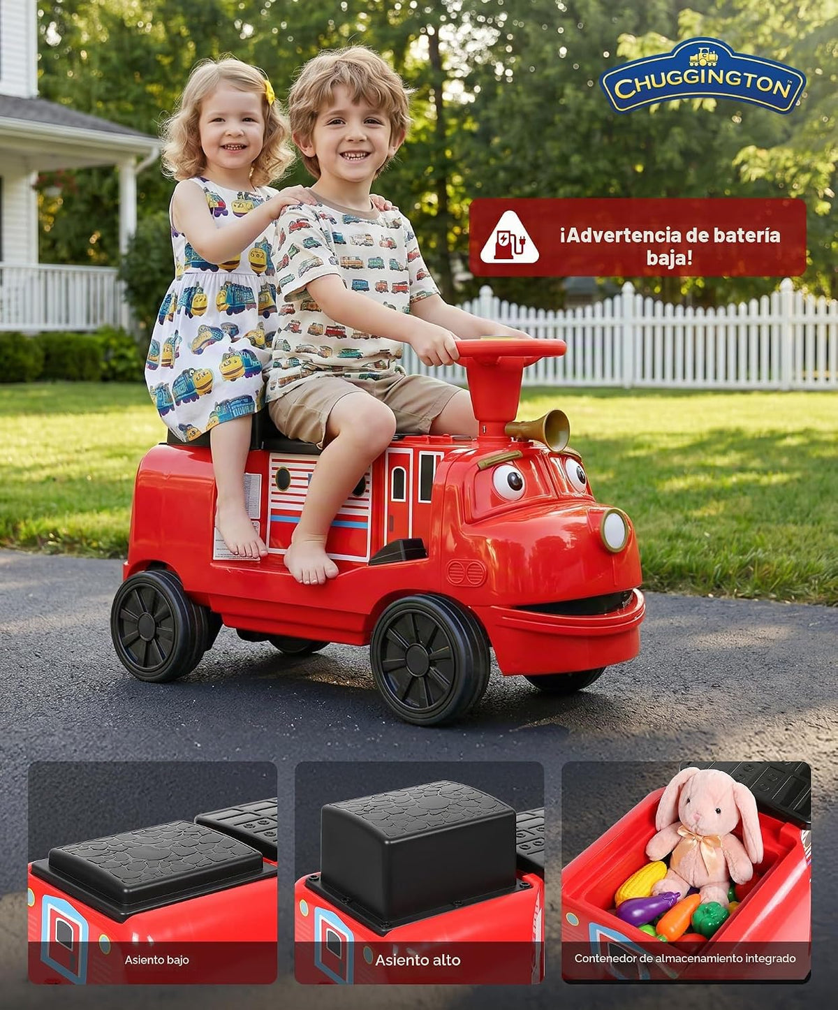 Chuggington - Tren de 2 plazas sin rieles, con licencia de 12 V, para niños de 3 años en adelante, con espacio de almacenamiento, silbato, LED, música, 2 velocidades máximas, 150 libras, rojo