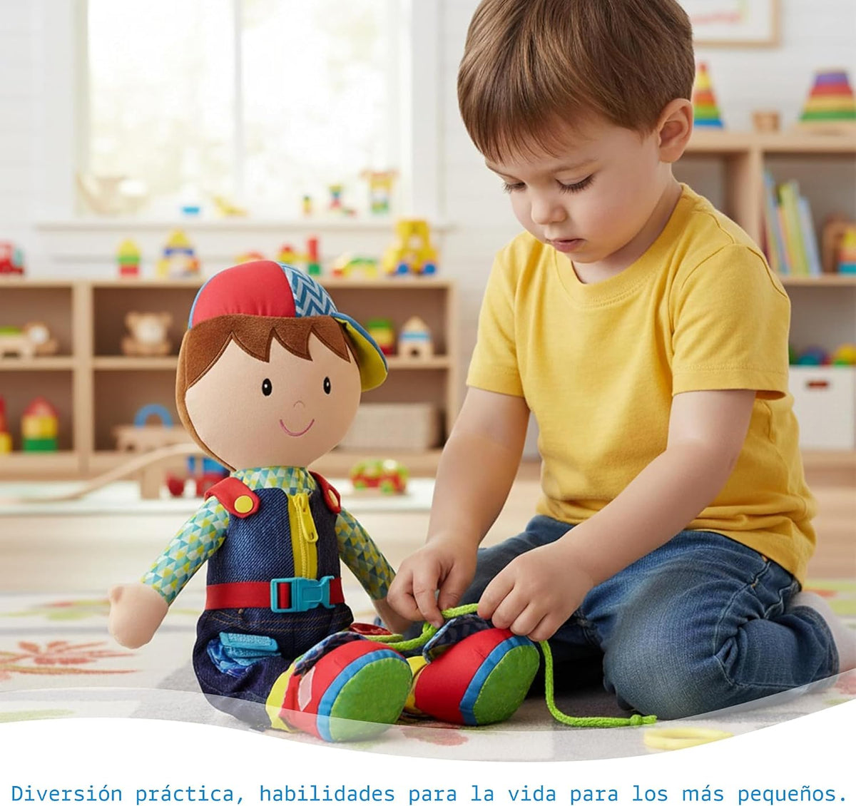 June Garden Dressy Friends Lucas de 15.5 pulgadas, muñeca de peluche educativa para niños y niños pequeños de 2 años en adelante, juguete suave con hebilla Montessori
