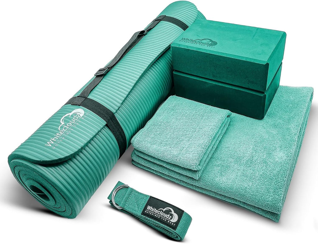 WHITECLOUDZ Kit de yoga, juego de 7 piezas de esterilla de yoga para entrenamientos en casa, esterilla de yoga gruesa, bloques de yoga, correa, toallas de yoga y bolsa de transporte, tapete de