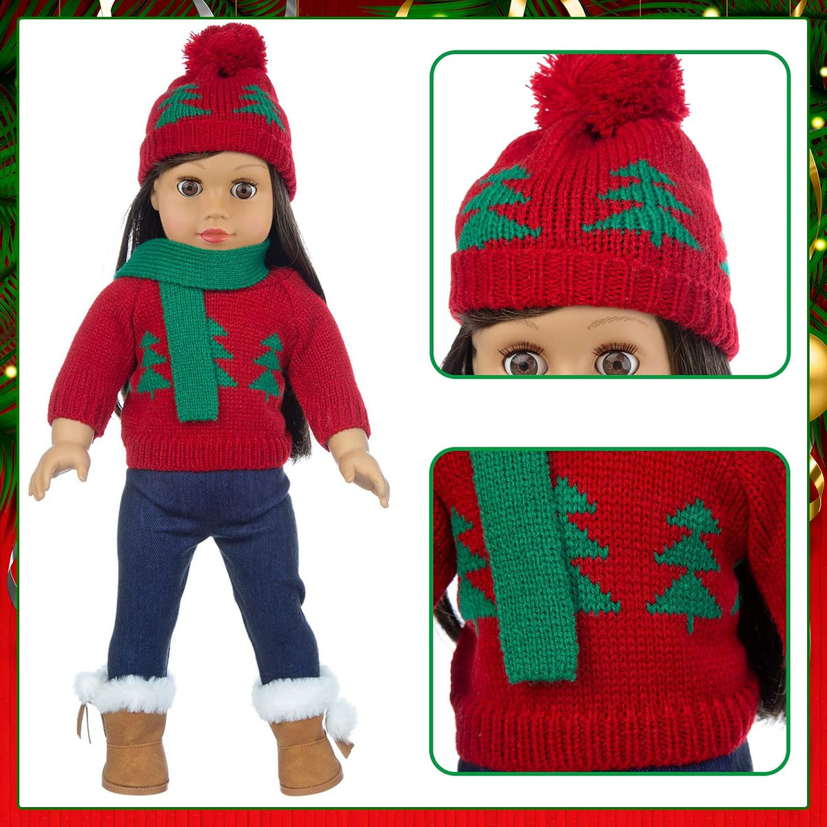 UNICORN ELEMENT 2 juegos de ropa y accesorios para muñecas de Navidad de 18 pulgadas, disfraz de Papá Noel de Navidad, incluyendo vestido de Navidad, suéter, horquilla, sombrero, bufanda, botas, etc
