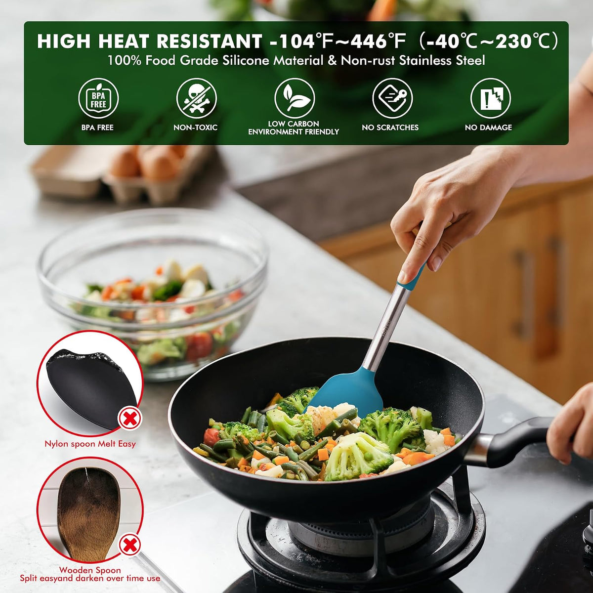 HOTEC Utensilios de cocina de silicona resistentes al calor de 446 °F, juego de utensilios de cocina, juego de espátula, sin BPA, utensilios de cocina, soporte para utensilios, apto para lavavajillas