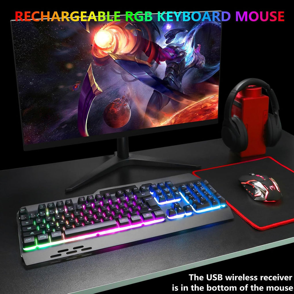 Teclado y mouse inalámbricos RGB para juegos, retroiluminación recargable, batería de larga duración, sensación mecánica de panel de metal con reposamanos, mouse para juegos de 7 colores y alfombrilla