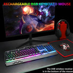 Teclado y mouse inalámbricos RGB para juegos, retroiluminación recargable, batería de larga duración, sensación mecánica de panel de metal con reposamanos, mouse para juegos de 7 colores y alfombrilla